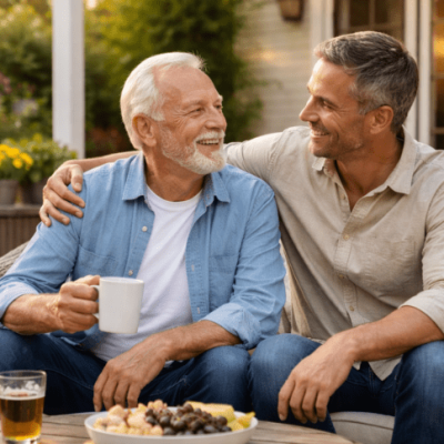 Elders and son on the patio