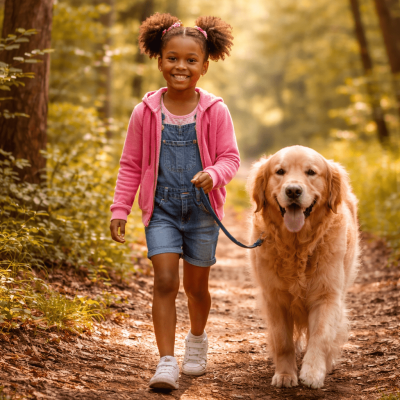 Young Black Girl with dog in the woods