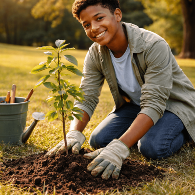 Young man planting a tree